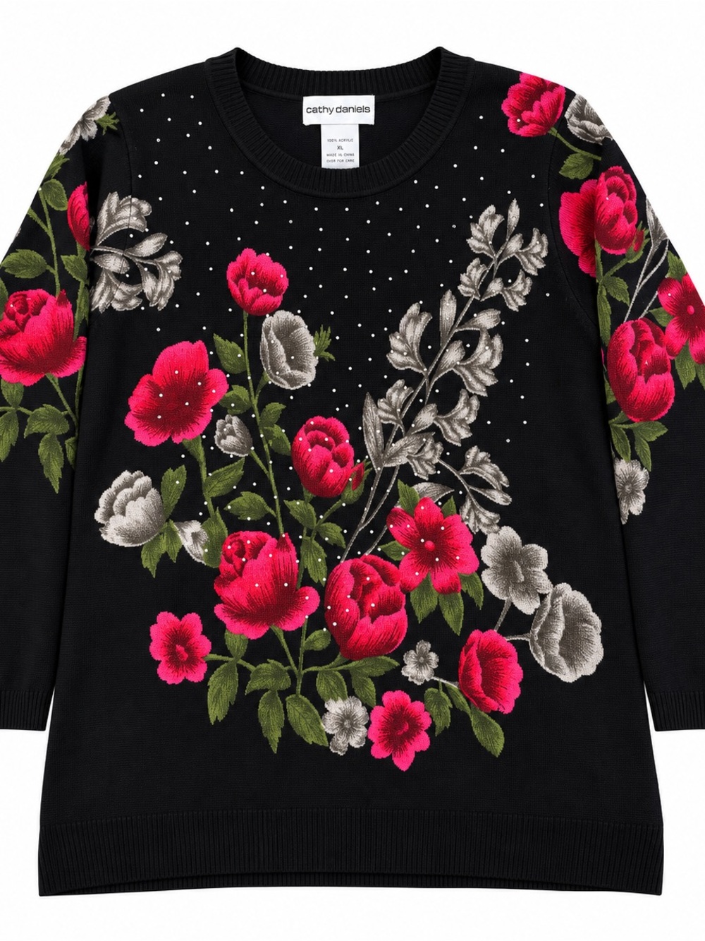Cathy Daniels Black Crewneck Sweater with Hot Pink Floral Embroidery